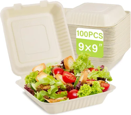 Vista 9 de greensight Contenedor de comida compostable para llevar de 6 x 6, paquete de 100 recipientes desechables de almeja para alimentos, cajas