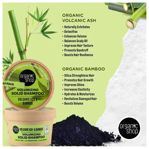 Vista 3 de Organic Shop Barra de champú sólido voluminizador de bambú y ceniza volcánica, 100% vegano y orgánico, sin parabenos y 0% conservantes, ecológico