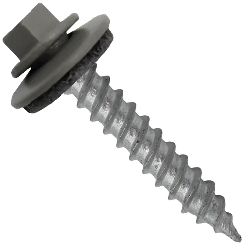 Vista 148 de 12 tornillos para techos de metal gris ABC de 1-1/2 pulgadas, cabezal de arandela hexagonal, arranque automático/roscado, arandela EPDM. 1 bolsa