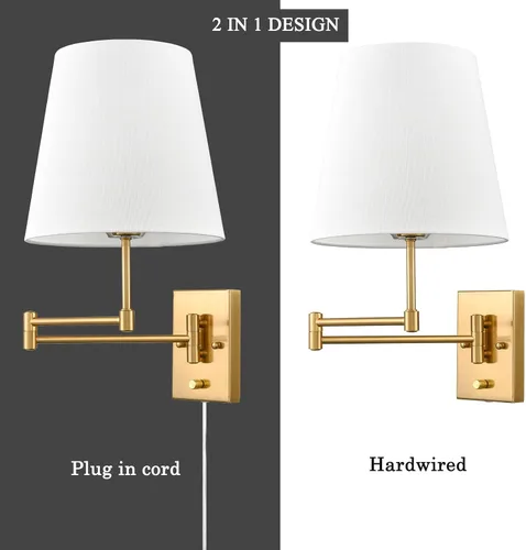 Vista 5 de HYDELITE Lámpara de pared dorada con brazo oscilante, apliques de pared de latón con pantalla de lino, accesorios de pared enchufables o cableados