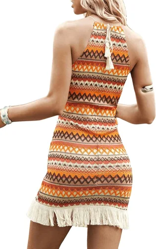 Vista 2 de Verdusa Mini vestido sin mangas con cuello halter a rayas con estampado de cheurón y dobladillo con flecos para mujer