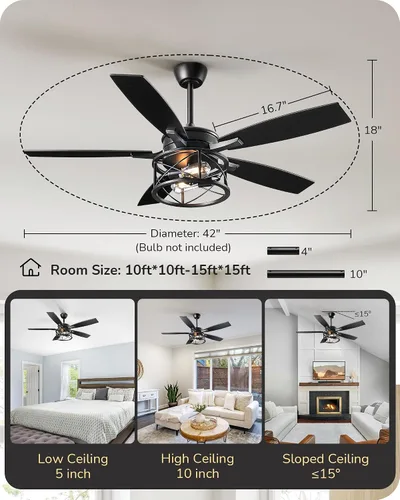 Vista 8 de EDISHINE - Ventilador de techo de granja negro de 42 pulgadas con luces, control remoto, regulable, 6 velocidades, 5 aspas de madera, motor