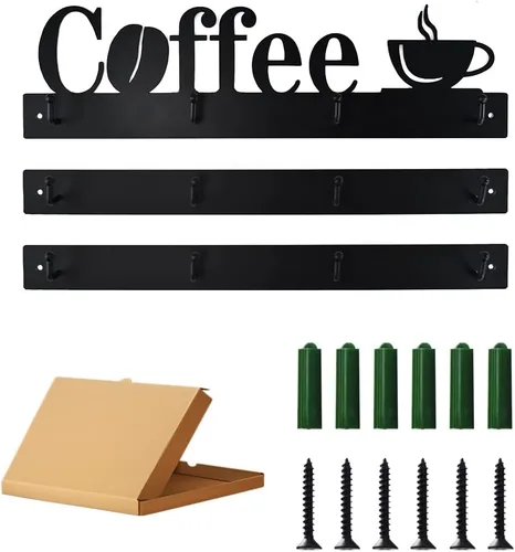 Vista 7 de Soporte de pared para taza de café con 12 ganchos, 3 paquetes de estante de metal para tazas con letrero de té, colgador de tazas para bar