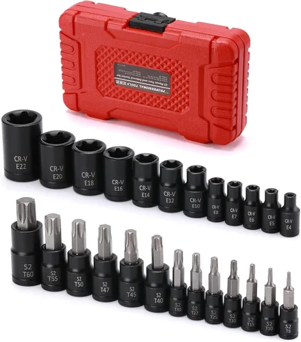 Vista 2 de Mayouko Juego de 25 brocas Torx de 1/4", 3/8", 1/2", 1/2", 1/2", 12 enchufes E-Torx hembra y 13 puntas de enchufe estrella