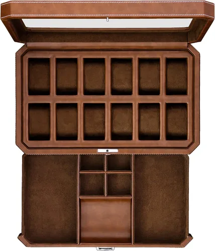 Vista 2 de Juego de regalo Caja de reloj de cuero con 12 ranuras con cajón de valet y funda de viaje para 5 relojes a juego, organizador de exhibición