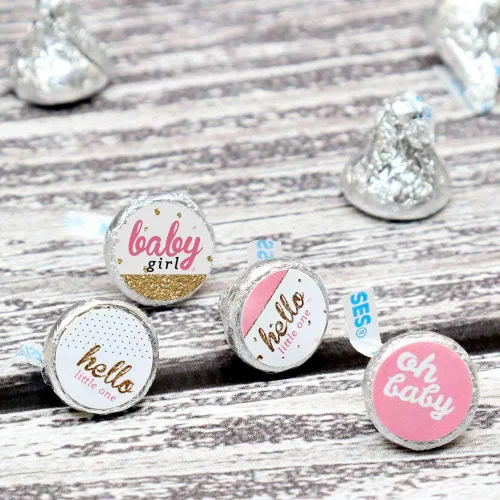Vista 5 de Big Dot of Happiness Hello Little One - Calcomanías redondas para fiesta de baby shower, color rosa y dorado, para fiesta de baby shower