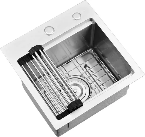 Vista 3 de Fregadero de barra de 15 pulgadas para estación de trabajo, fregadero de cocina pequeño de 15 x 15 pulgadas, montaje superior, calibre 16