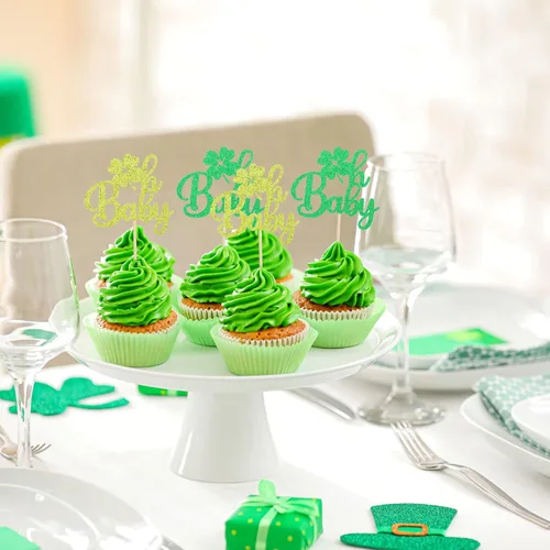 Vista 6 de Gyufise Paquete de 24 adornos para cupcakes del Día de San Patricio Lucky Oh Baby con decoraciones de cuatro hojas para pastel de baby shower de San