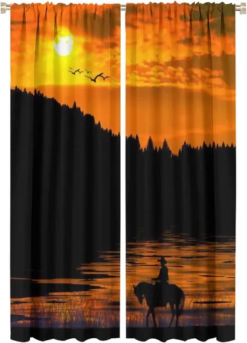 Vista 28 de Cortinas opacas de vaquero americano para sala de estar, atardecer occidental, rústico, vaquero, equitación, cortinas de ventana, aislamiento