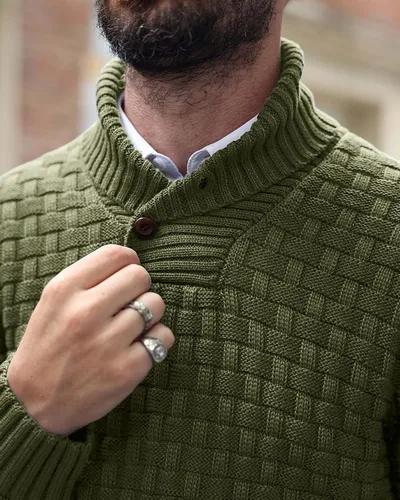 Vista 3 de Zaitun Suéter de cuello alto para hombre con cuello de chal, suéteres de punto de ajuste regular