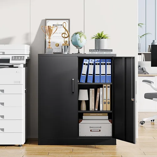 Vista 2 de Letaya Armarios de Almacenamiento de Metal con Cerradura, Pequeños Armarios de Acero con 2 Puertas y Estantes Ajustables para Hogar, Oficina, Negro