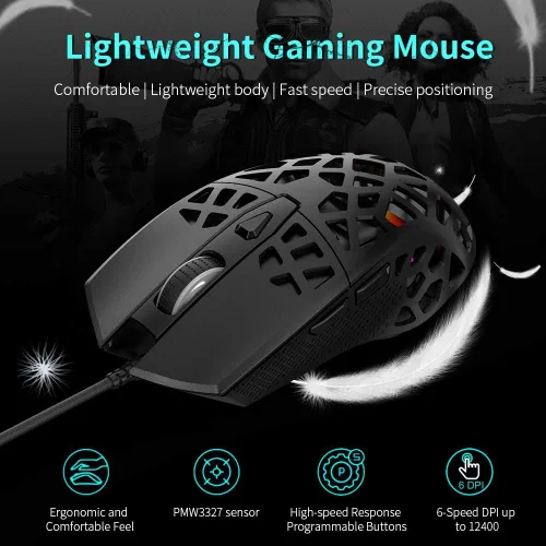 Vista 2 de NACODEX AJ339 65G Watcher Mouse para juegos con carcasa ligera de panal de abeja, luz LED RGB Chroma, 7 botones programables, sensor óptico Pixart