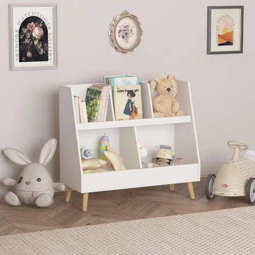 Vista 9 de GDFStudio Estantería para niños y organizador de almacenamiento de juguetes, 5 cubículos, estantería abierta de madera con 2 cubos grandes y patas