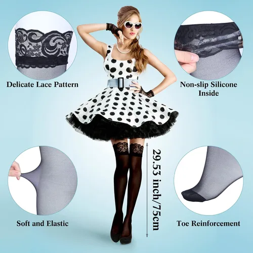 Vista 2 de Jeyiour 12 pares de medias altas hasta el muslo de silicona con encaje superior semitransparentes para mujeres y niñas, 11