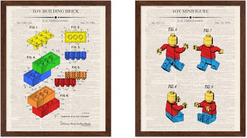 Vista 8 de Monem Art - Póster de 2 piezas con diseño de ladrillos - Estampado de patentes de bloques de construcción - Arte de ladrillos de construcción