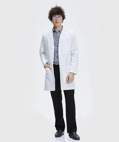 Vista 3 de Dr. James Abrigo de laboratorio para hombre, ajuste a medida, bolsillos para smartphone y tablet, blanco, 38 pulgadas de largo, Blanco