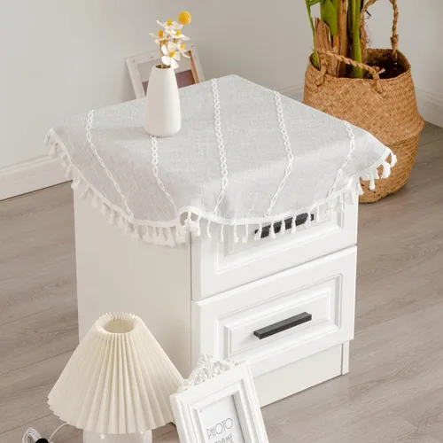 Vista 11 de Mantel redondo rústico pequeño lavable a rayas jacquard de lino resistente estilo granja con borlas para cocina, comedor, fiesta, decoración de Café