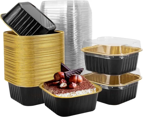 Vista 10 de 50 Pcs Mini Square Baking Cups with Lids,5oz Aluminum Foil Mini Cake Pans with Lids,Disposable Ramekins Cake Pans,150ml Dessert Cups Cupcake Pans