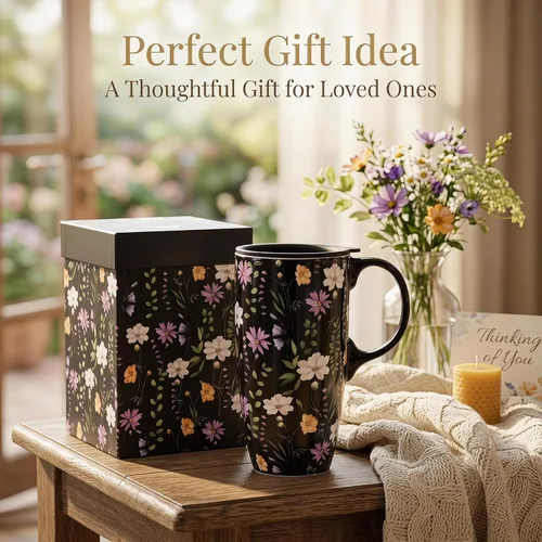 Vista 8 de Taza de café de cerámica de 17 onzas con tapa y asa, taza de viaje floral púrpura, apta para microondas y lavavajillas, taza de café grande con caja