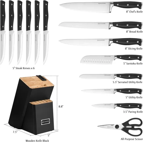 Vista 5 de Juego de cuchillos negros, juego de 15 piezas con afilador integrado y tijeras para cocina, juego de cuchillos aptos para lavavajillas, regalo ideal