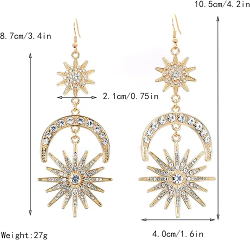 Vista 3 de Exaggerated - Aretes de gota con diseño de luna de sol y estrellas con diamantes de imitación punk para mujer