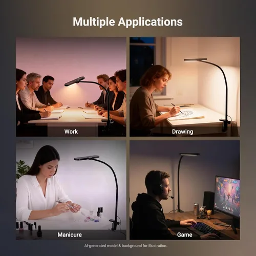 Vista 8 de NEEWER Versión de nivel de entrada, lámpara LED de escritorio de 10 W con abrazadera, luz de clip de monitor flexible con borde de color, 5 modos