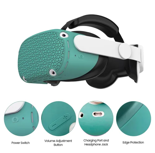 Vista 4 de Gwyoneaon Protective Cover for OculusMeta Quest 2 Accessories - Silicone Controllers Grip Protector, Soft Shell Skin With Face and Lens Cover (Green)
