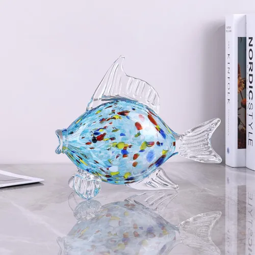 Vista 5 de Figura grande de pez de vidrio para decoración del hogar, estatua de animales marinos de vidrio soplado a mano, escultura decorativa con temática