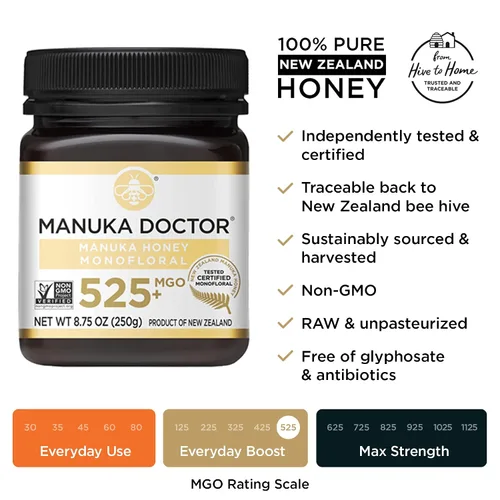 Vista 5 de MANUKA DOCTOR - Paquete monofloral de miel de Manuka UMF8/MGO 182+ SQUEEZY y MGO 525+, miel de Nueva Zelanda 100% pura. Certificado. Garantizado.