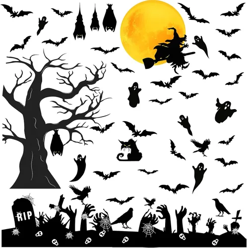 Vista 9 de Barri Design Calcomanías de pared de murciélago de Halloween, árbol de luna, bruja, calcomanías de pared extraíbles para Halloween, calcomanías
