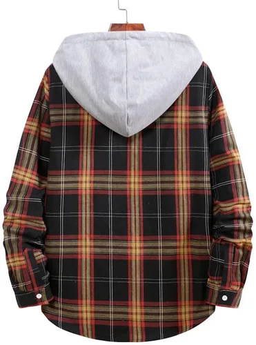 Vista 2 de Camisas de algodón a cuadros para hombre, chaqueta de franela con forro polar para hombre, camisa a cuadros de moda, hip hop, cárdigan con capucha