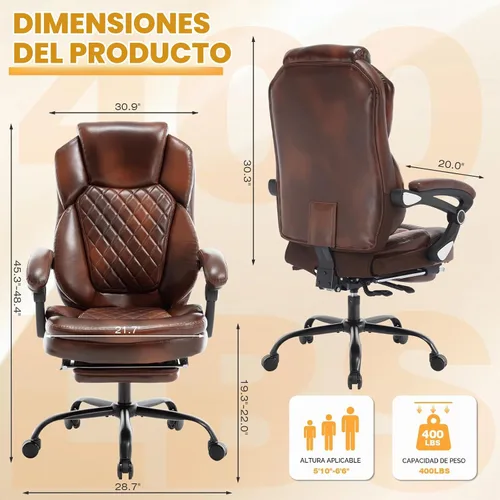 Vista 3 de Silla de escritorio reclinable de piel de 400 libras con reposapiés A marrón.