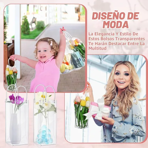Vista 2 de LEIFIDE 50 bolsas de regalo de plástico transparente con asas, de PVC, reutilizables, transparentes, bolsas para dulces, escuela, fiesta