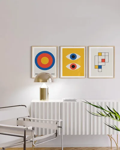 Vista 5 de HAUS AND HUES - Arte de póster Bauhaus - Juego de 3 arte de pared abstracto moderno, pósteres vintage e impresiones, arte de pared azul y amarillo