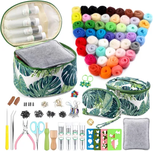 Vista 9 de IMZAY Kit de fieltro de aguja, kit de iniciación de fieltro de aguja con exquisita bolsa de almacenamiento verde, juego de 18 colores de lana, kit