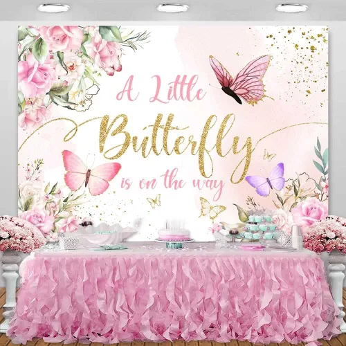 Vista 3 de Sensfun Telón de fondo de mariposa para baby shower con texto en inglés "A Little Butterfly is on the Way" (La pequeña mariposa está en camino)