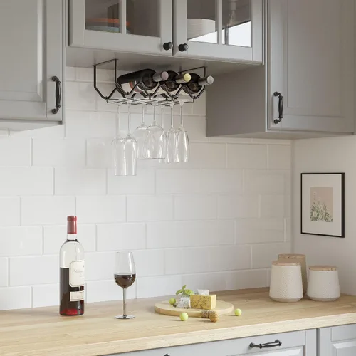 Vista 3 de Wallniture Piccola - Estante para vino y soporte para vasos para debajo del gabinete, organizador de cocina con 4 botellas, color negro