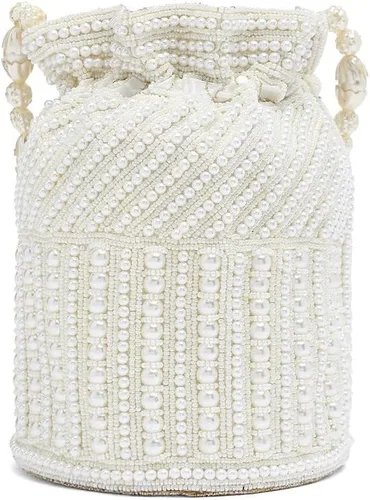 Vista 5 de Aheli Bolsas Potli blancas para mujer, bolso de noche étnico con cordón (P98W), Blanco