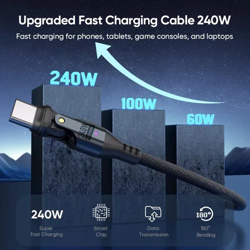 Vista 3 de Cable de carga USB-C, cable USB-C de 240 W, 6 pies, carga rápida, cable de carga giratorio de nailon resistente con cabezal giratorio de 180 grados