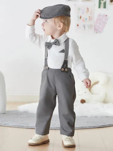 Vista 4 de SALNIER Conjunto de ropa de traje de bebé niño esmoquin trajes de caballero trajes de corbatín camisa tirantes pantalones boina sombrero