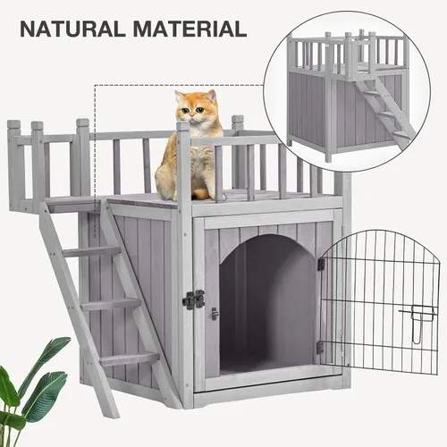 Vista 5 de Casa de gato para interiores y exteriores, refugio de gatos de madera con puerta de alambre bloqueable, balcón y escaleras