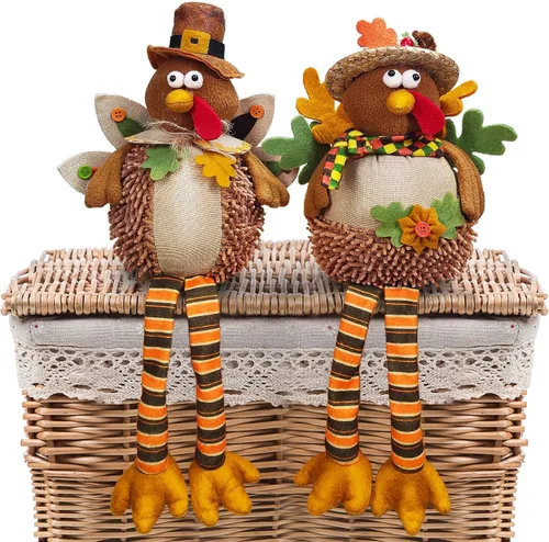 Vista 7 de Ogrmar Paquete de 2 muñecas de pavo de peluche de 15 pulgadas, decoración de mesa de Acción de Gracias, exquisita muñeca de felpa de pavo hecha a