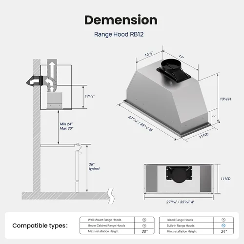 Vista 8 de VIKIO HOME Campana Extractora Empotrable de 30 Pulgadas, 980 CFM Campana de Ventilación de Cocina Integrada, Convertible con Conductos/Sin