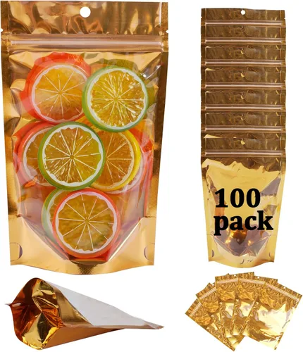 Vista 12 de Paquete de 100 bolsas de Mylar para almacenamiento de alimentos, papel de aluminio resellable, bolsa transparente de pie con ventana frontal de 3.94