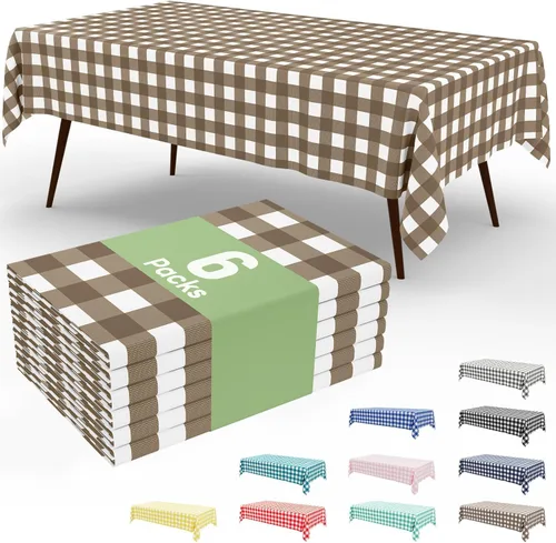 Vista 63 de Smiry Paquete de 3 Manteles Desechables de Cuadros Gingham Color Caqui - 54" x 72" Mantel de Plástico de Servicio Pesado, Cubiertas de Mesa