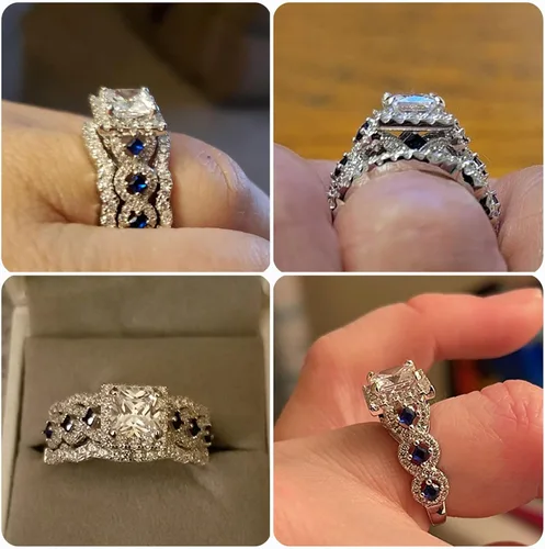 Vista 3 de Newshe - Juego de anillos de compromiso de plata de ley 925, 3 piezas de 2,5 quilates, color blanco, azul, talla 5 10