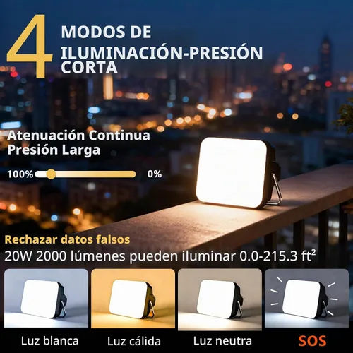 Vista 2 de Linterna LED recargable para campamento, 5000 mAh, 2000 lúmenes, 20 W, luz de campamento portátil, lámpara colgante magnética con carga rápida, 4