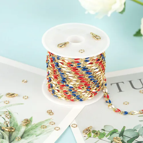 Vista 6 de YOUBEIYEE - Cadena chapada en oro para hacer joyas, color bandera estadounidense Cadena de cable esmaltada para mujer, collar, pulsera, cadenas