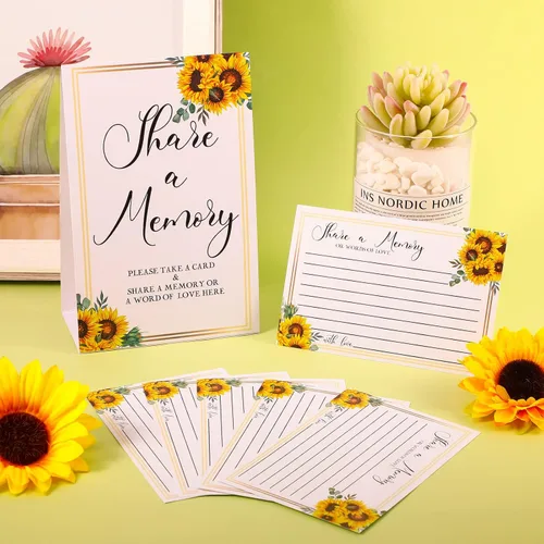 Vista 5 de Zonon 50 tarjetas de memoria con diseño de girasol, con texto en inglés "Share a Memory Card", para celebración de la vida, decoración de bodas