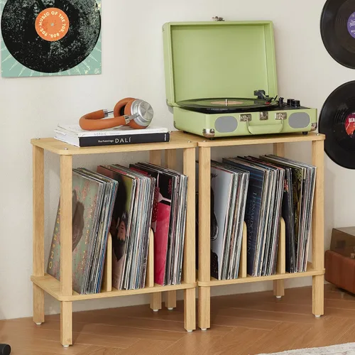 Vista 11 de LELELINKY Soporte para tocadiscos de 2 niveles con almacenamiento de discos de vinilo hasta 100 álbumes, soporte para discos de dormitorio y mesa